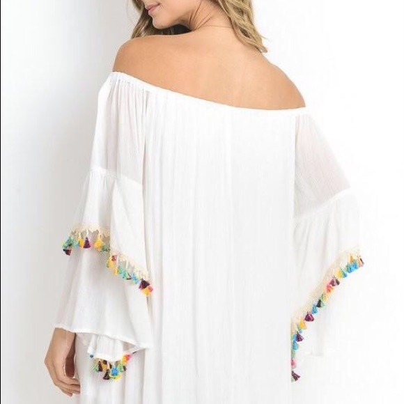 White Gauzy Bell Sleeve Tunic Cover Up w/ Tassels - Picture 2 of 2